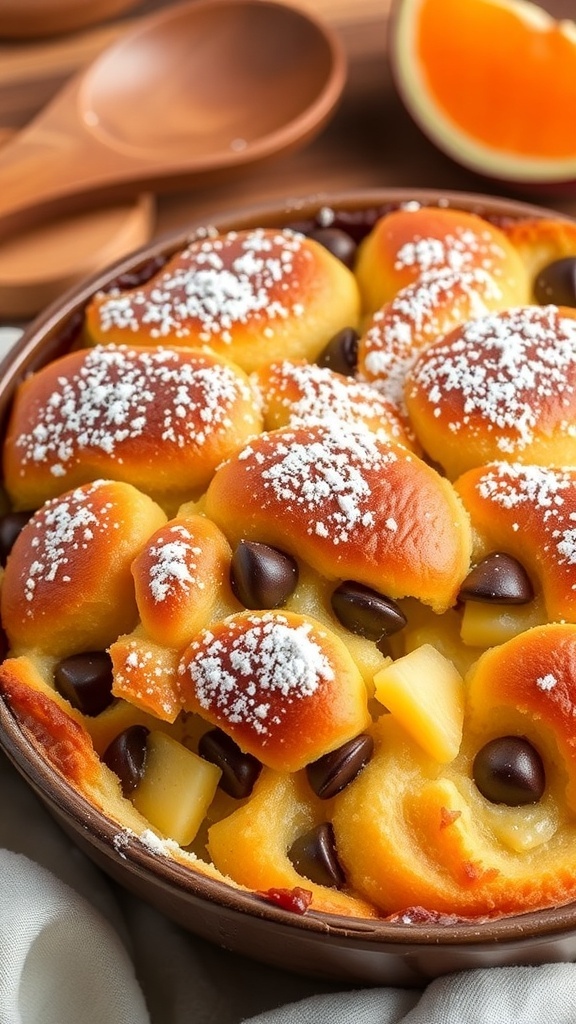 A warm dish of Hawaiian roll bread pudding dusted with powdered sugar, served with chocolate chips, in a rustic kitchen setting.